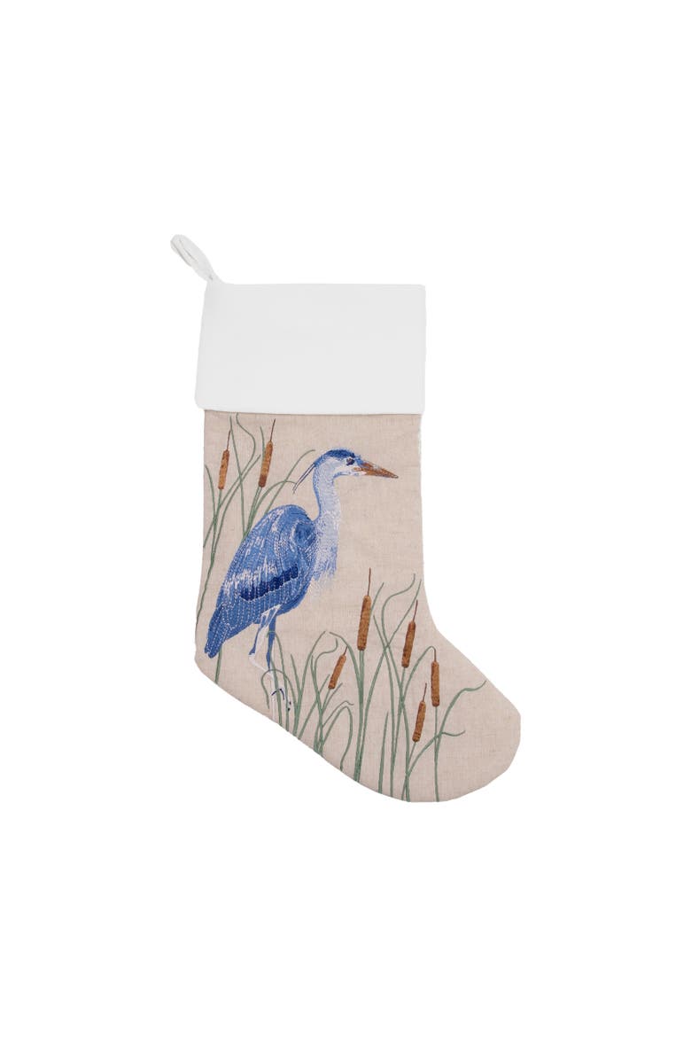 Blue Heron Embroidered Linen Christmas Stocking, Main, color, Blue