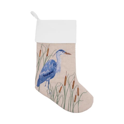 Blue Heron Embroidered Linen Christmas Stocking