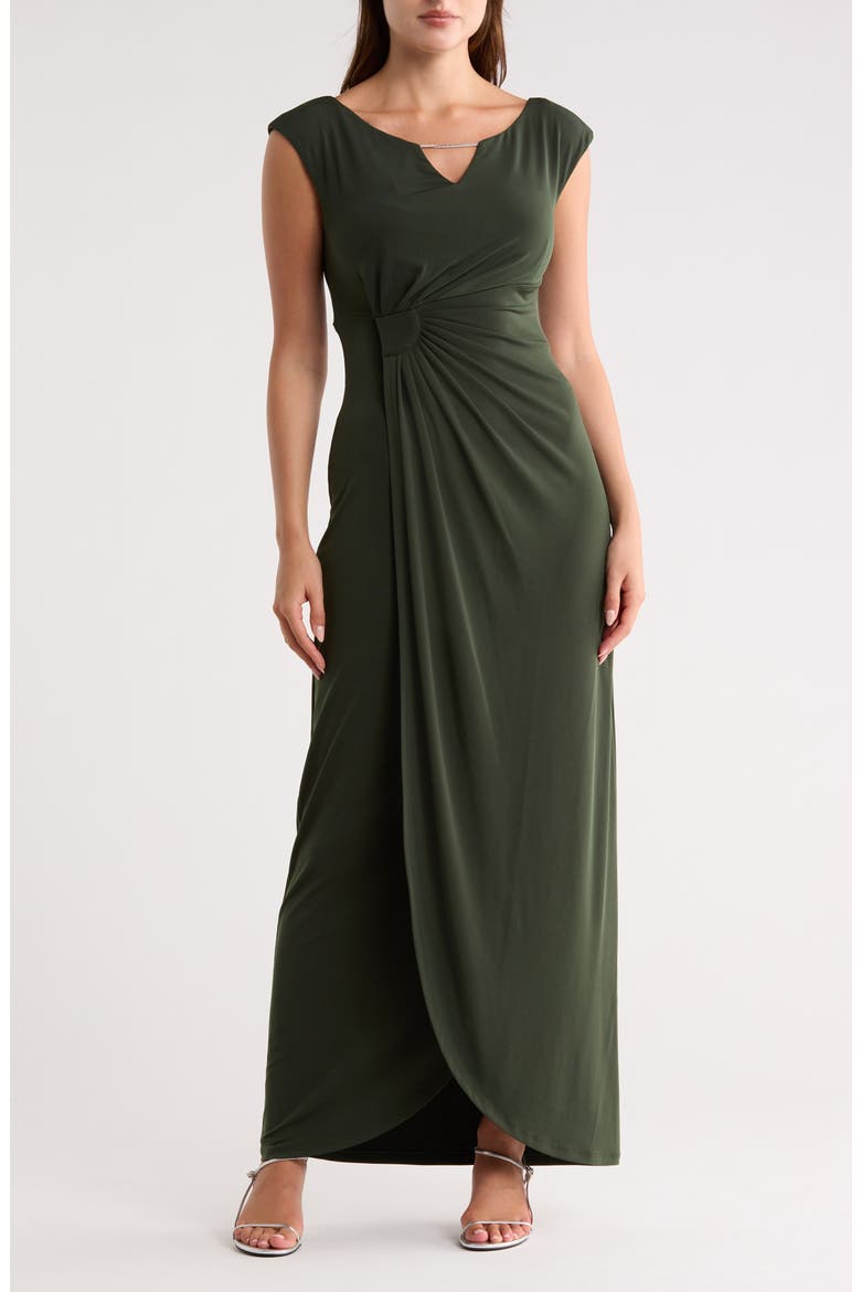 Crystal Notch Side Ruched Gown, Main, color, DARK OLIVE