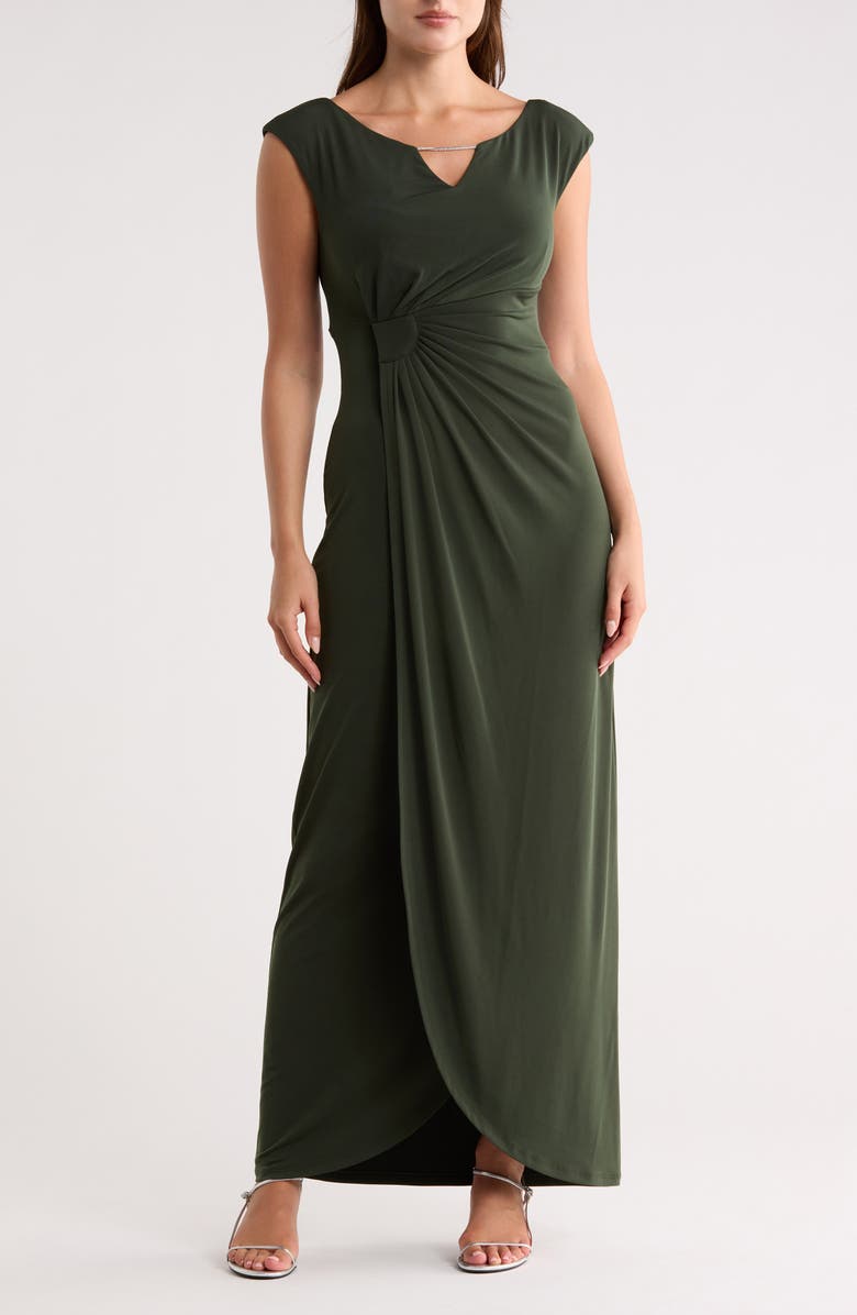 Connected Apparel Crystal Notch Side Ruched Gown, Main, color, Dark Olive