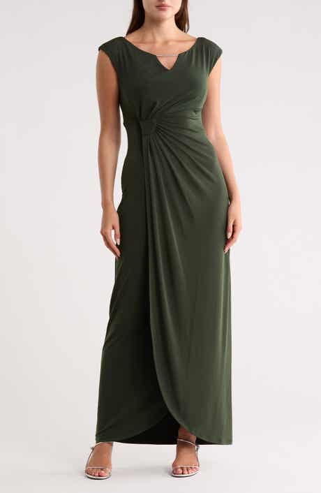 Connected Apparel Crystal Notch Side Ruched Gown