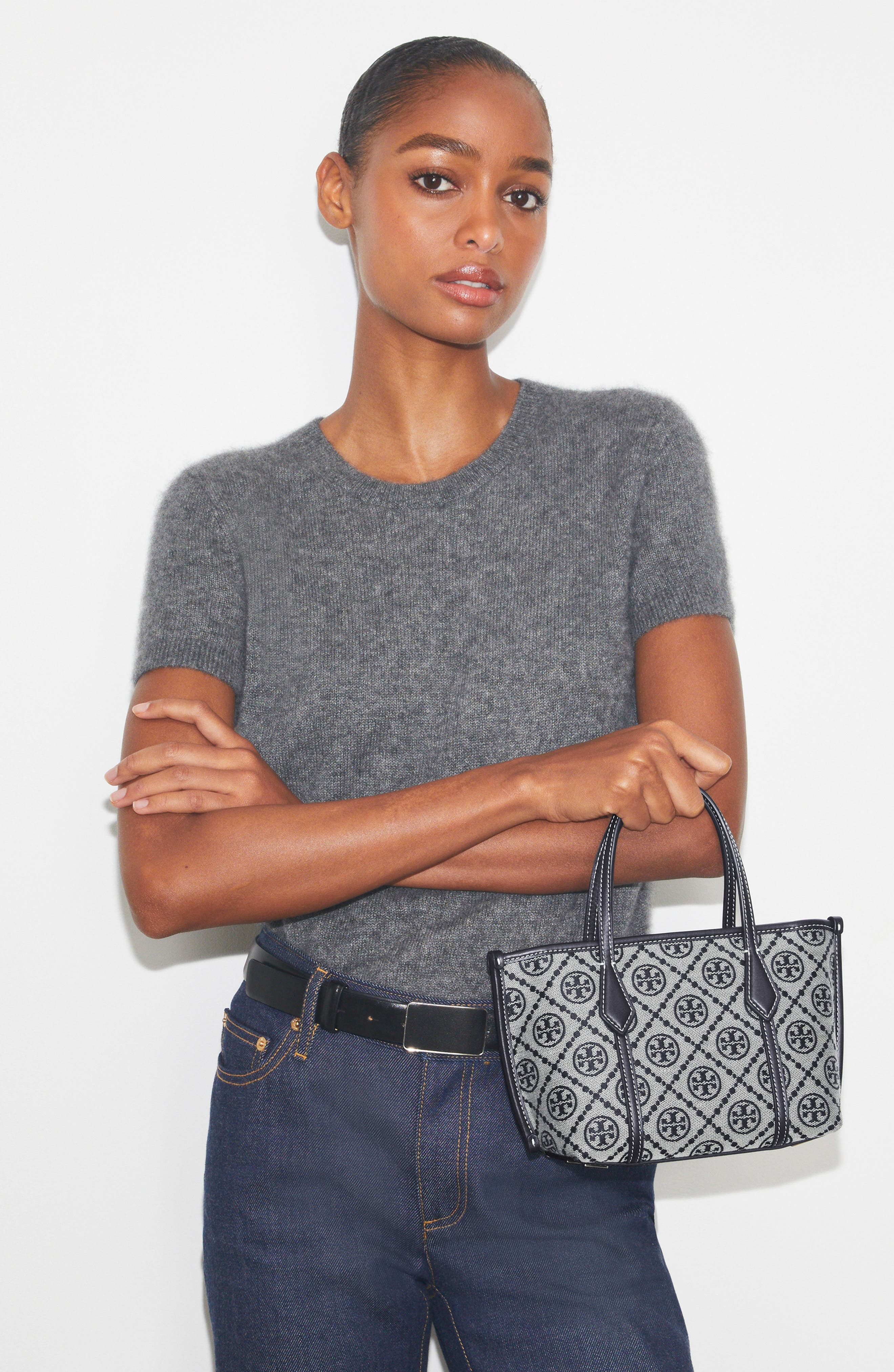 Tory Burch Mini Perry T Monogram Jacquard Tote, Alternate, color, Tory Navy