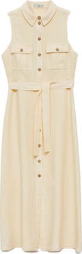 MANGO Sleeveless Belted Linen Midi Shirtdress