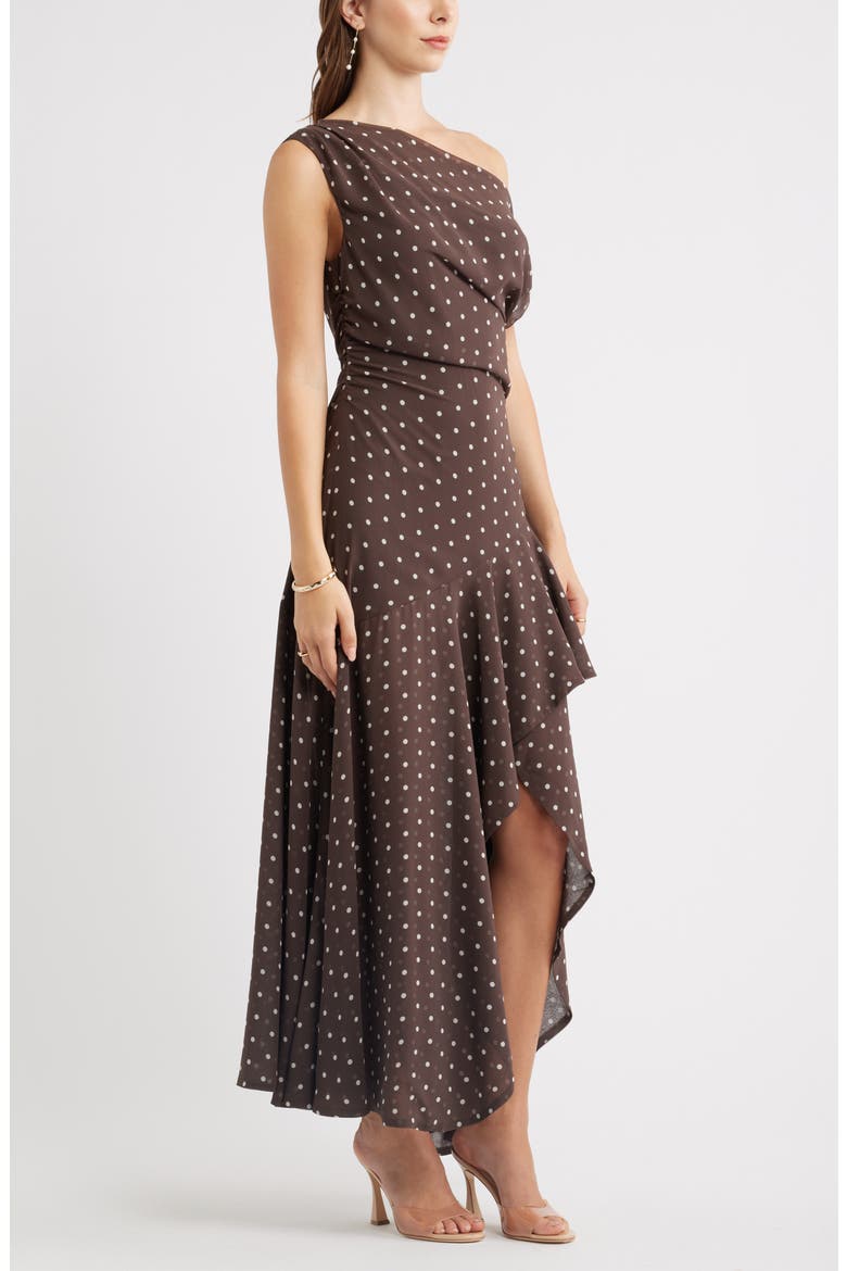 Cascading Off the Shoulder Evening Dress, Alternate, color, BROWN- IVORY CORNER DOT