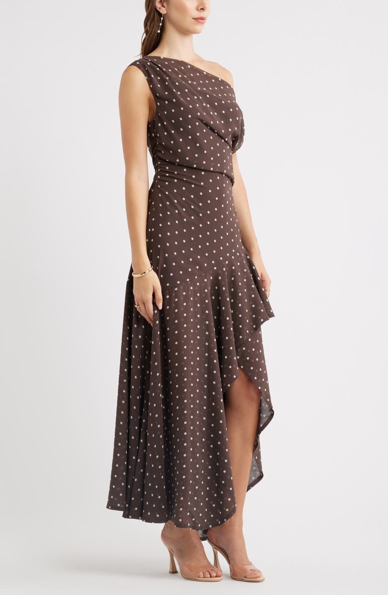 Chelsea28 Cascading Off the Shoulder Evening Dress, Alternate, color, Brown- Ivory Corner Dot
