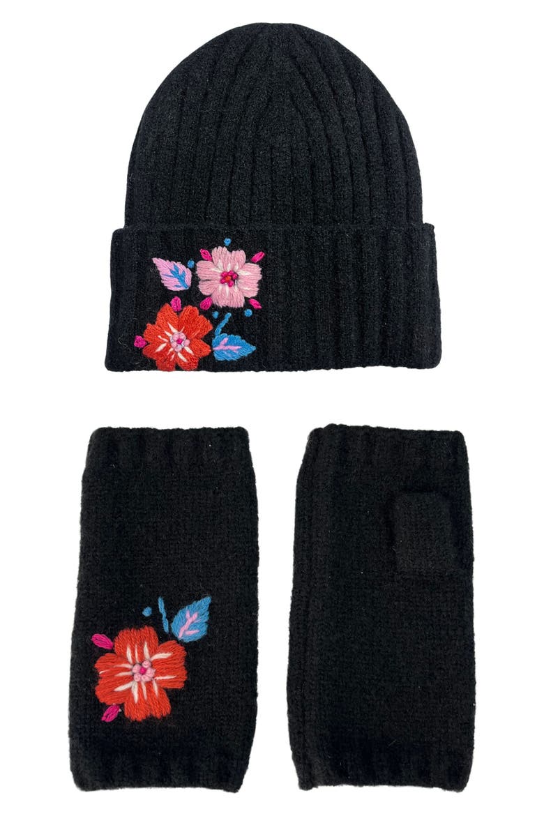 Floral Beanie & Arm Warmers Set, Main, color, BLACK
