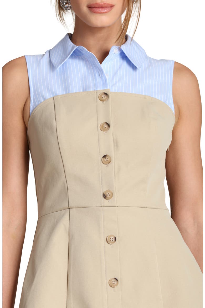 Sleeveless Mixed Media Shirtdress, Alternate, color, KHAKI AND BLUE STRIPE