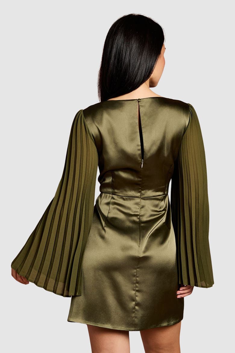 Petite Satin Pleated Flare Mini Dress, Alternate, color, Olive
