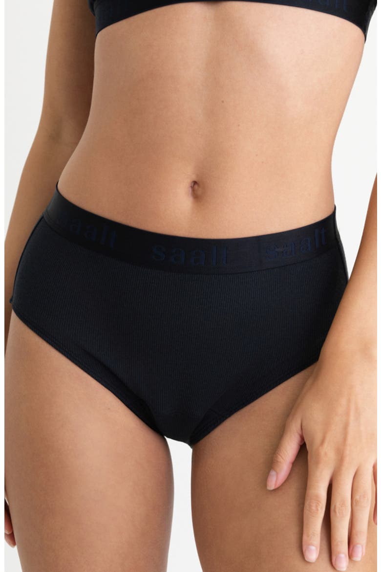 Period & Leakproof High Rise Stretch Cotton & Modal Rib Briefs, Main, color, VOLCANIC BLACK