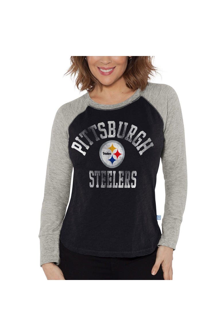 Women's G-III 4Her by Carl Banks Black/Heather Gray Pittsburgh Steelers Waffle Knit Raglan Long Sleeve T-Shirt, Main, color, Black