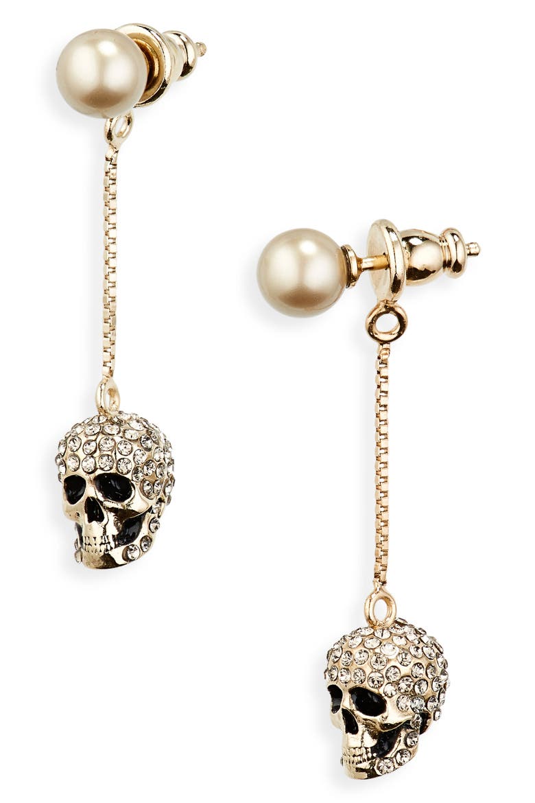 Alexander McQueen Pavé Skull Drop Earrings, Main, color, 2080 0468/ MIX