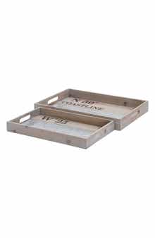 WILLOW ROW Brown Wood Tray with Metal Stripe - Set of 2