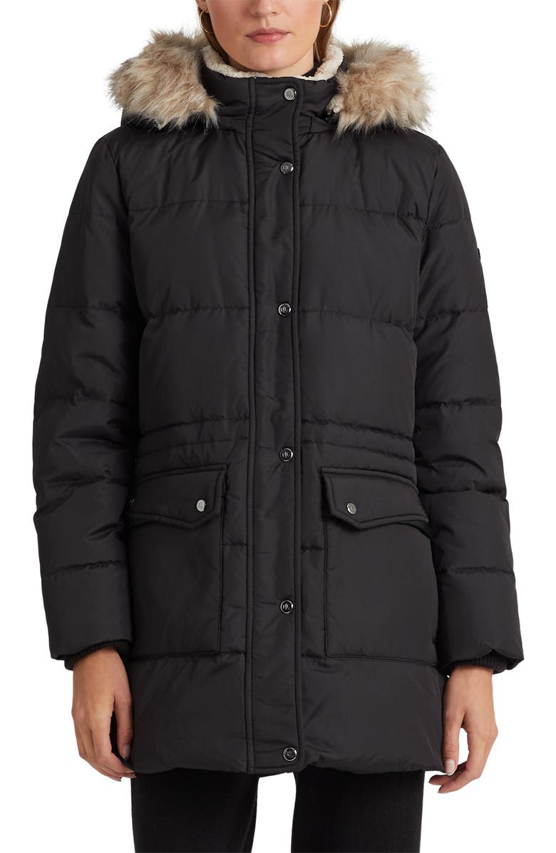 Lauren Ralph Lauren Faux Fur Trim Down & Feather Puffer Coat, Main, color,