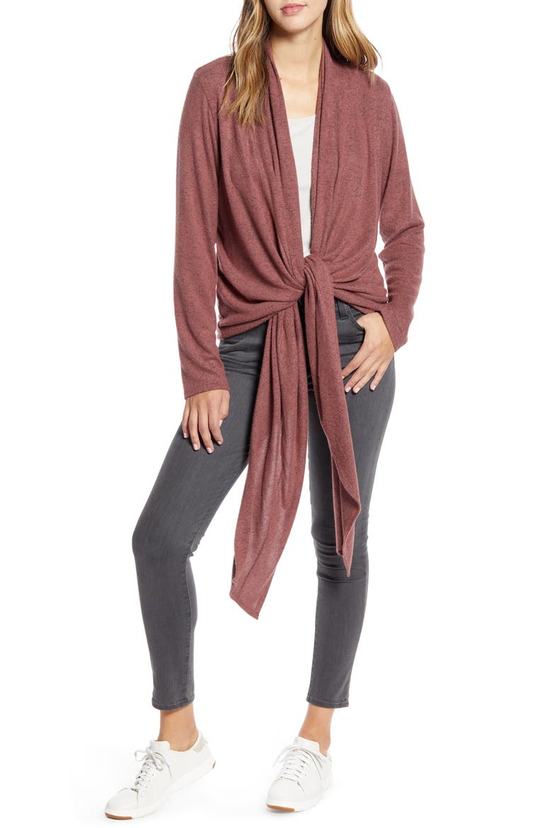 Drape Tie Front Cardigan, Main, color, RAISIN