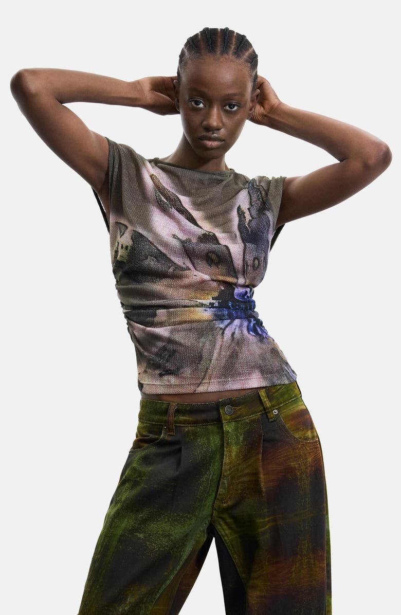 Desigual Print Cotton Cargo Pants, Alternate, color, Green