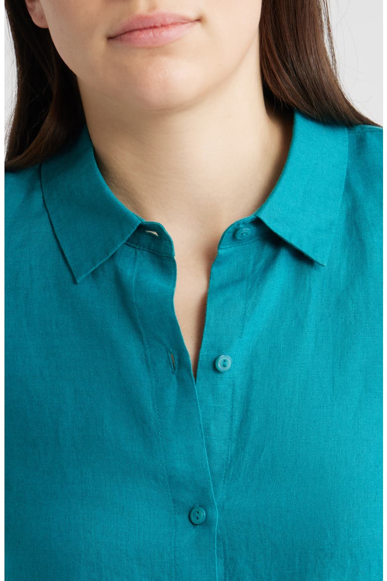Classic Collar Organic Linen Long Button-Up Shirt, Alternate, color, TEAL