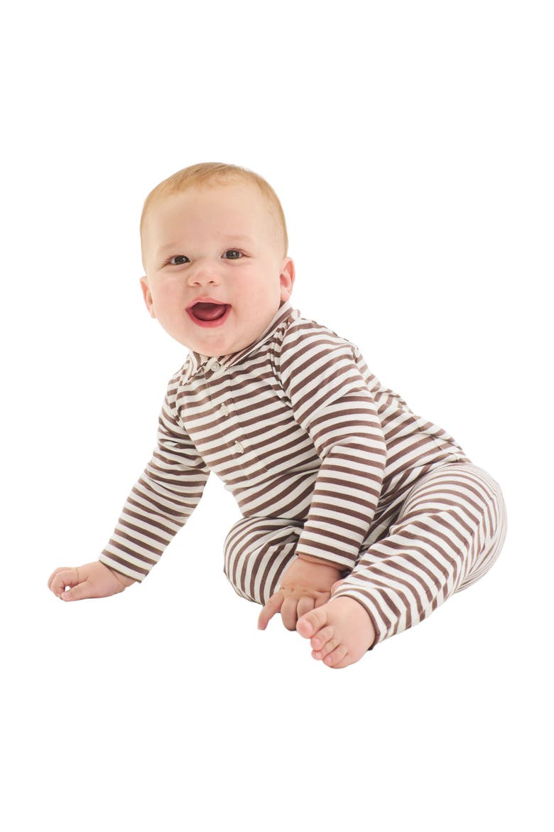 Baby Long Sleeve Polo Romper In Mini Stripe, Alternate, color, Ivory Acorn Stripe