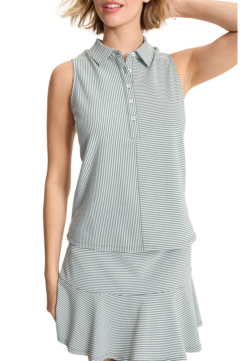 Costa Wave Seersucker Stripe IslandZone® Sleeveless Polo, Main, color, DARK JADE