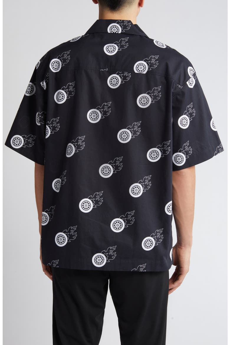 Egeeno Flaming Tire Print Camp Shirt, Alternate, color, BLACK