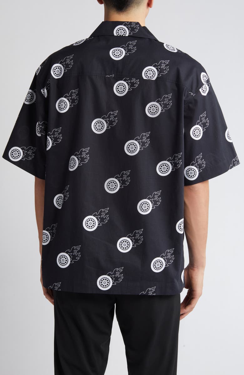 HUGO Egeeno Flaming Tire Print Camp Shirt, Alternate, color, Black