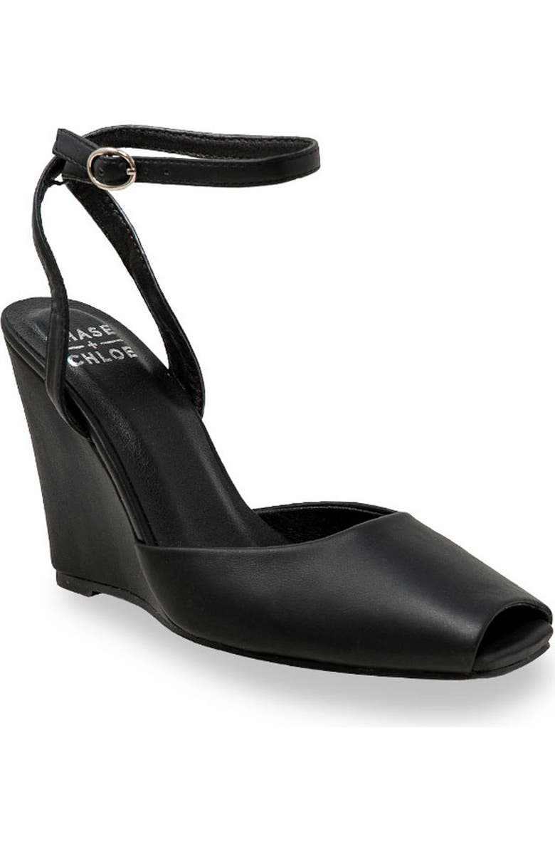 CHASE AND CHLOE Peep Toe Wedge Sandal, Main, color, Black Pu