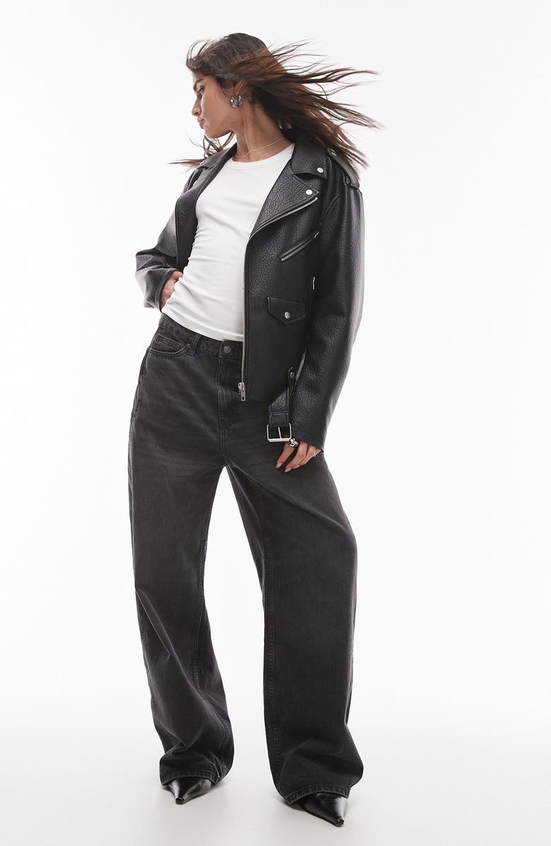 Topshop Oversize Faux Leather Biker Jacket, Alternate, color, Black