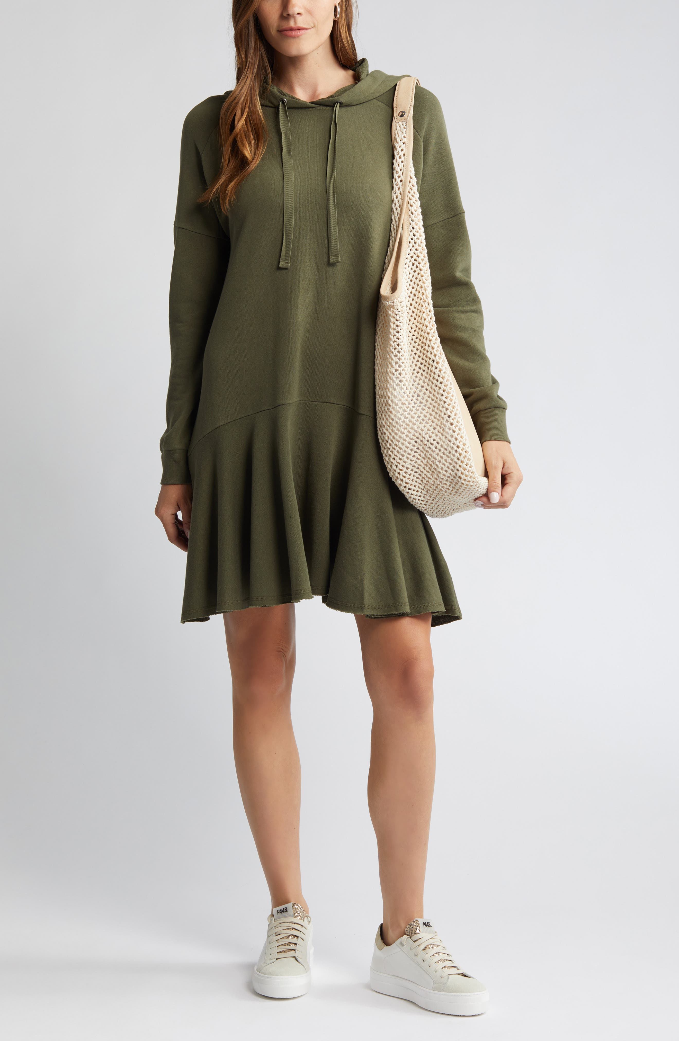 Caslon® Long Sleeve Flounce Hoodie Dress (Women) | Nordstromrack