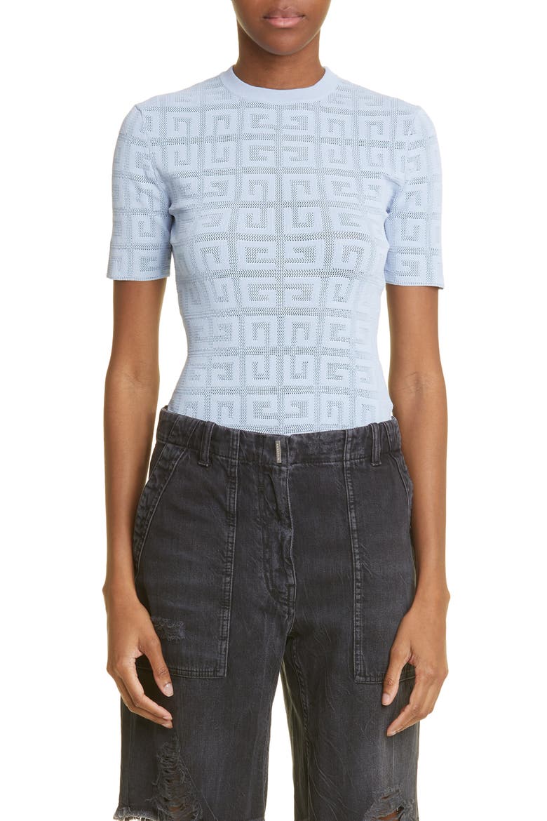 4G Jacquard Knit Short Sleeve Sweater, Main, color, 453-BABY BLUE