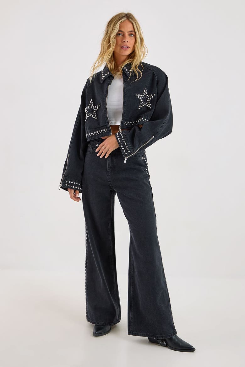 Star Studded Baggy Denim Jeans, Alternate, color, Washed Black