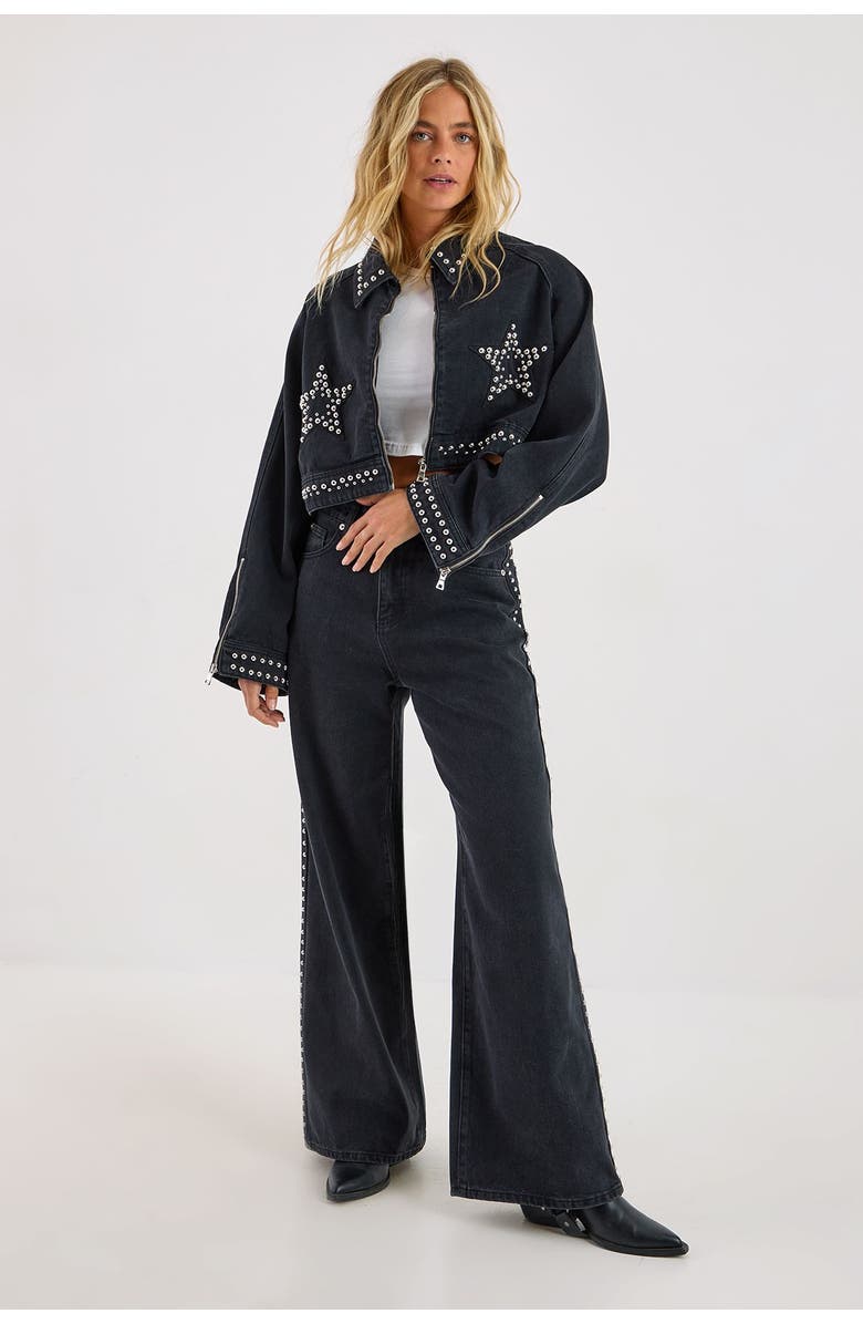 NASTY GAL Star Studded Baggy Denim Jeans, Main, color, Washed Black