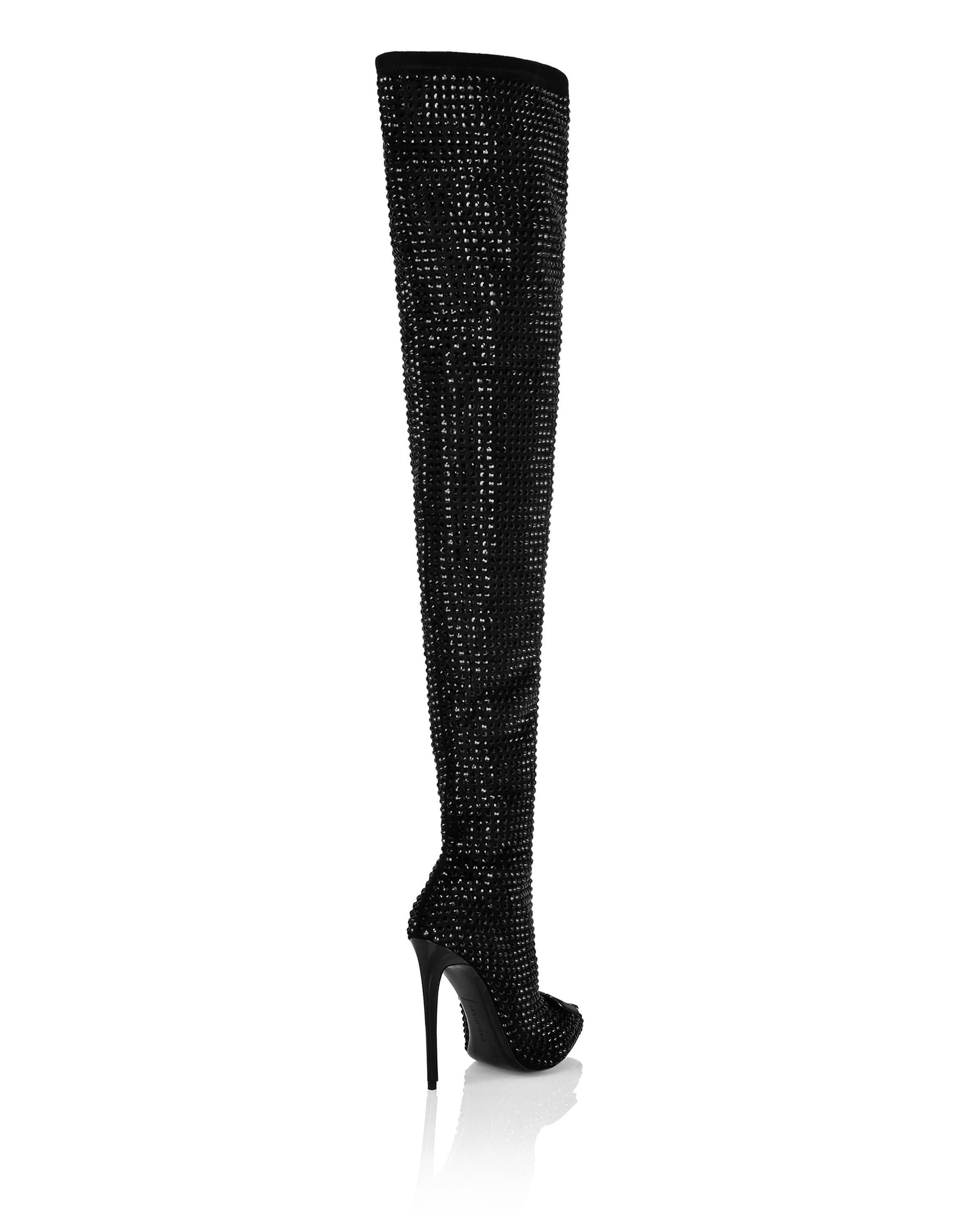 Suede Strass Boots Hi-Heels Overknees Gothic Plein Women, Alternate, color, black/black