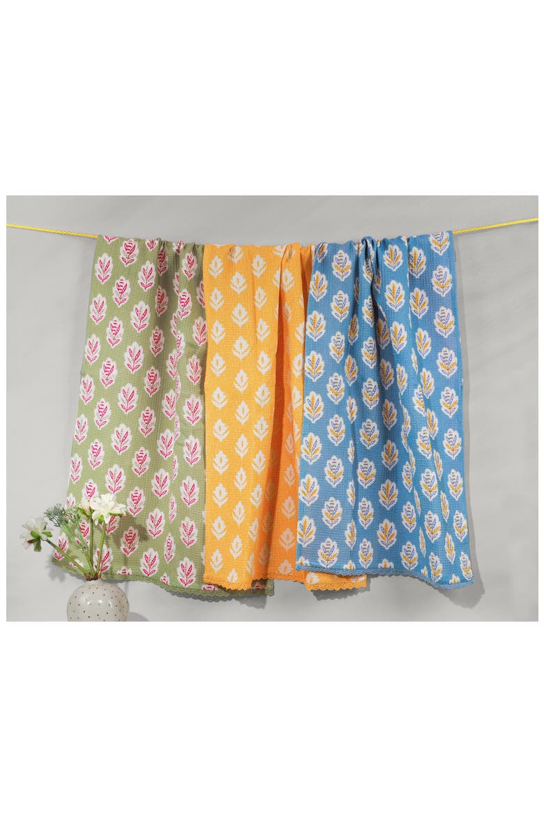 Set of Three Modern Botanical Bloom Kitchen Towels, Alternate, color, SLATE BLUE/ MARIGOLD
