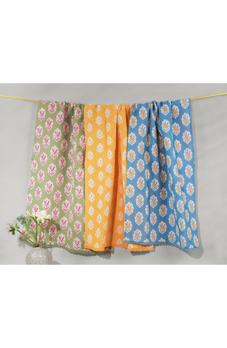 Tiramisu Set of Three Modern Botanical Bloom Kitchen Towels, Alternate, color, Slate Blue/ Marigold
