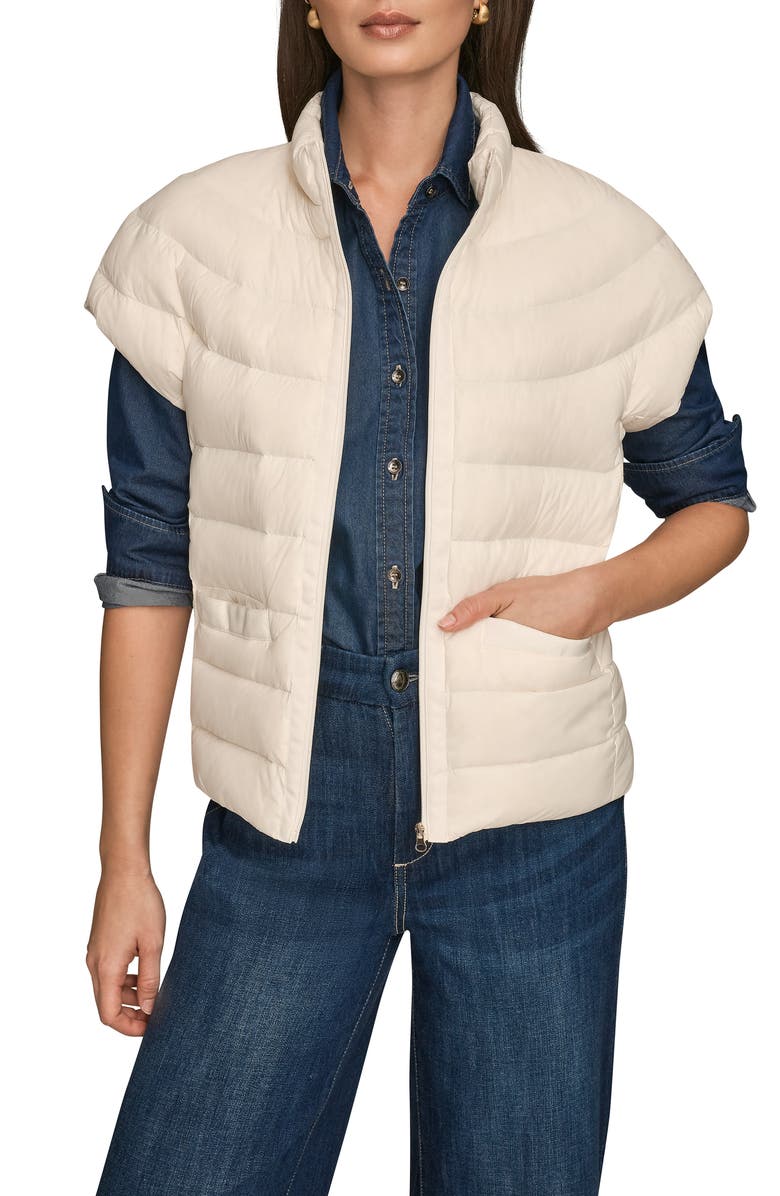 Donna Karan New York Cap Sleeve Mixed Media Down Jacket, Alternate, color, Cream