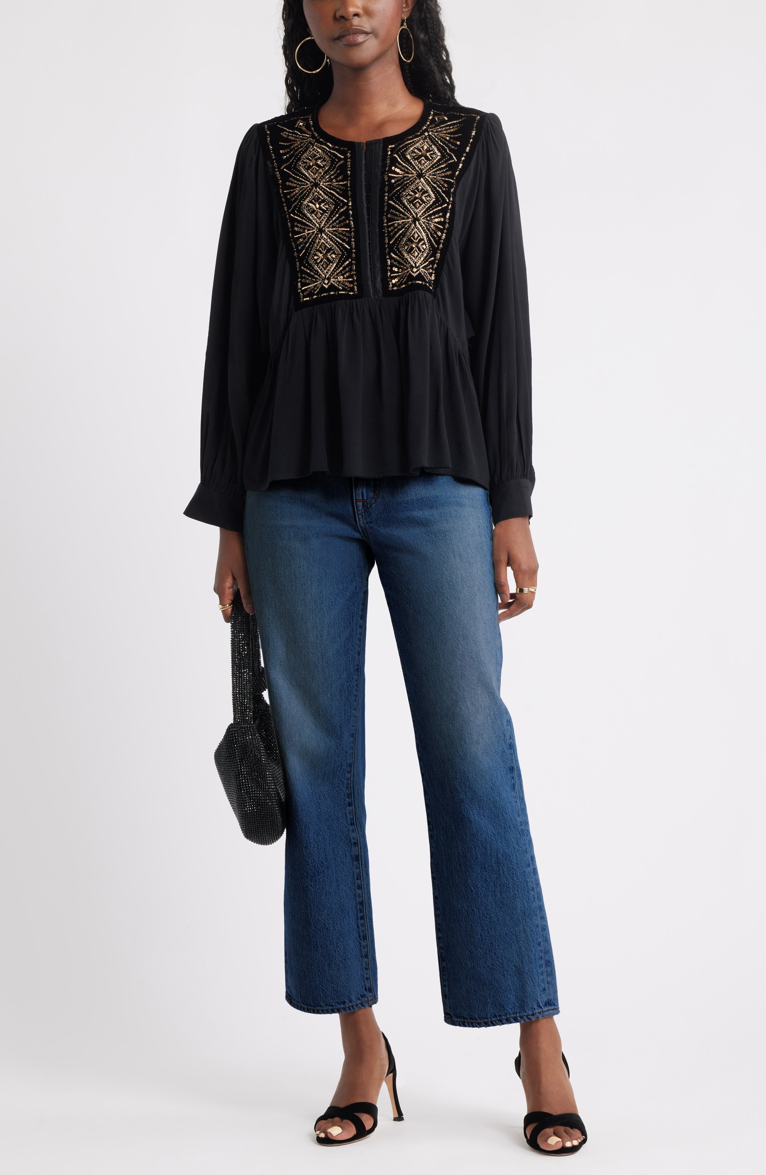 Metallic Embroidered Split Neck Top - image 2