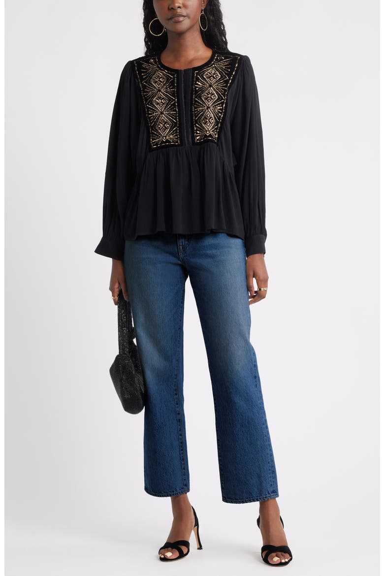 Metallic Embroidered Split Neck Top, Alternate, color, BLACK