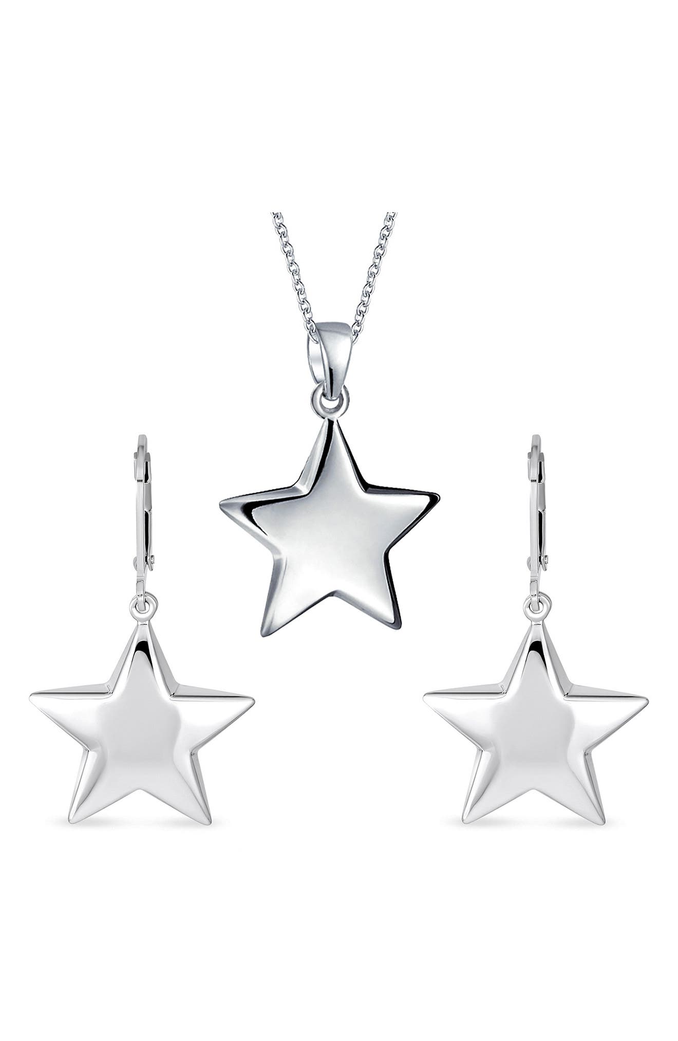 BLING JEWELRY Stainless Steel Puff Star Earrings & Necklace Set