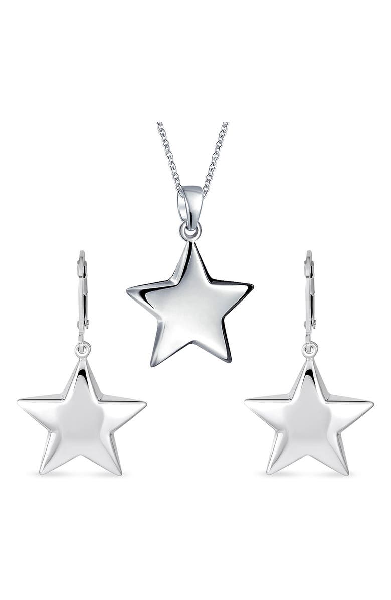 BLING JEWELRY Stainless Steel Puff Star Earrings & Necklace Set, Main, color, Grey