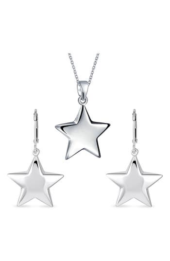 Bling Jewelry Stainless Steel Puff Star Earrings & Necklace Set In Silver