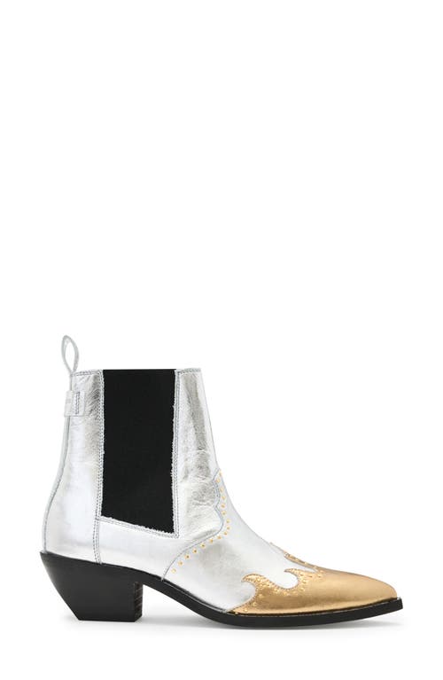 Allsaints Dellaware Pointed Leather Western Boots In Silver/gold