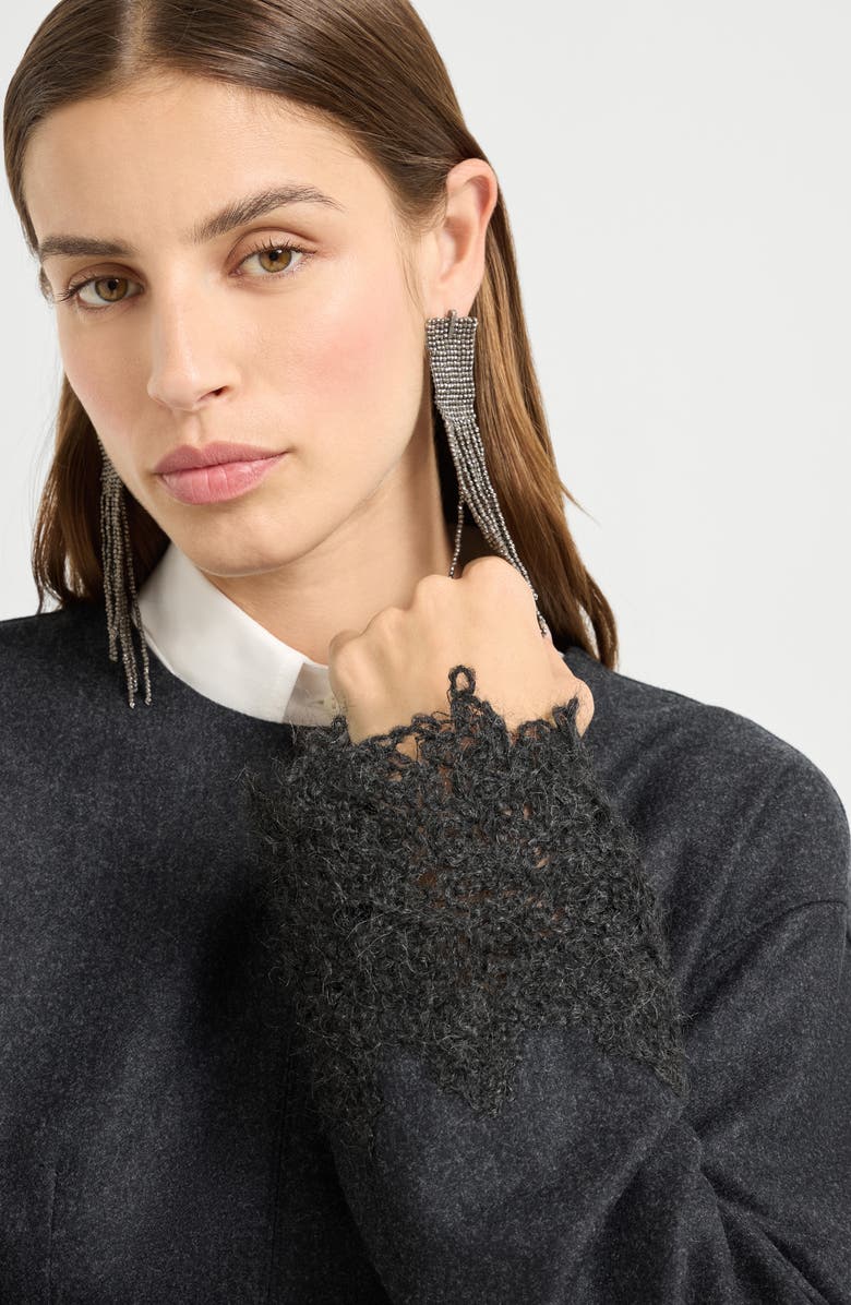 Brunello Cucinelli Mini dress with wispy lace cuffs, Alternate, color, Dark Grey