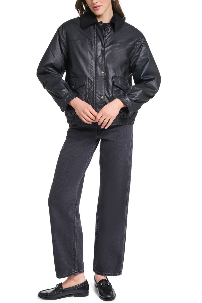 Relaxed Waxed Cotton Bomber Jacket, Alternate, color, BLACK
