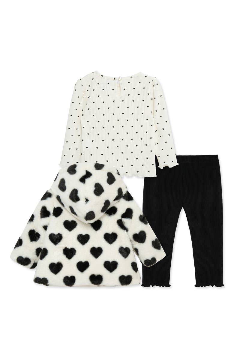 Little Me Heart T-Shirt, Faux Fur Jacket & Leggings Set, Alternate, color, White/ Black