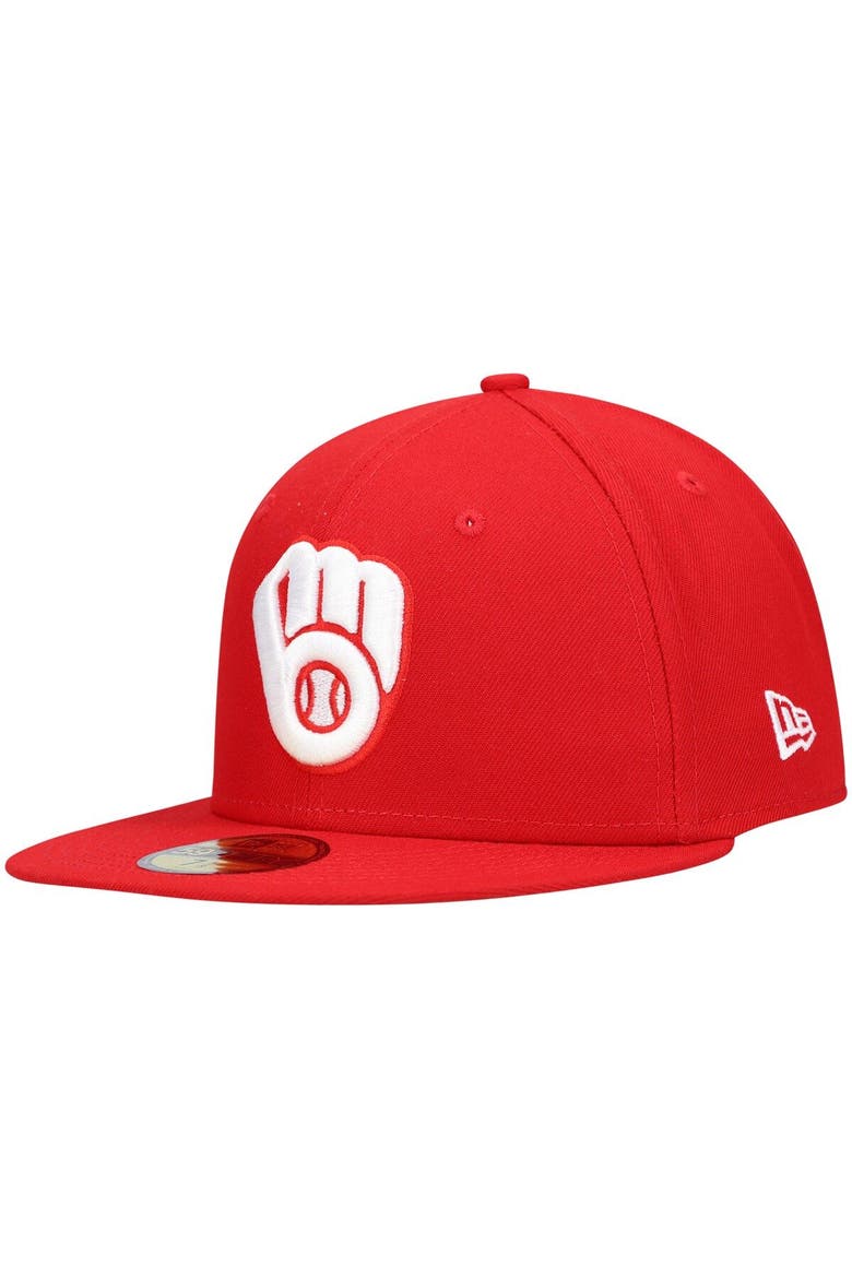 Men's New Era Red Milwaukee Brewers White Logo 59FIFTY Fitted Hat, Main, color, Red