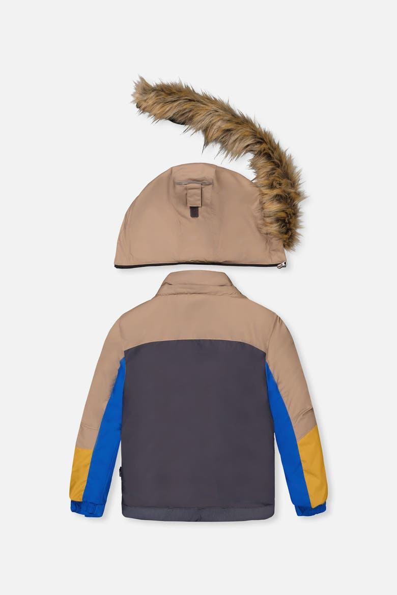 Play Faux Fur Hood Jacket & Dinosaur Pants Two Piece Snowsuit, Alternate, color, Grey and Blue Dinosaur Print