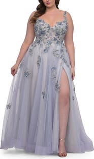 La Femme Lavender A-Line Plus Size Prom Dress with Lace
