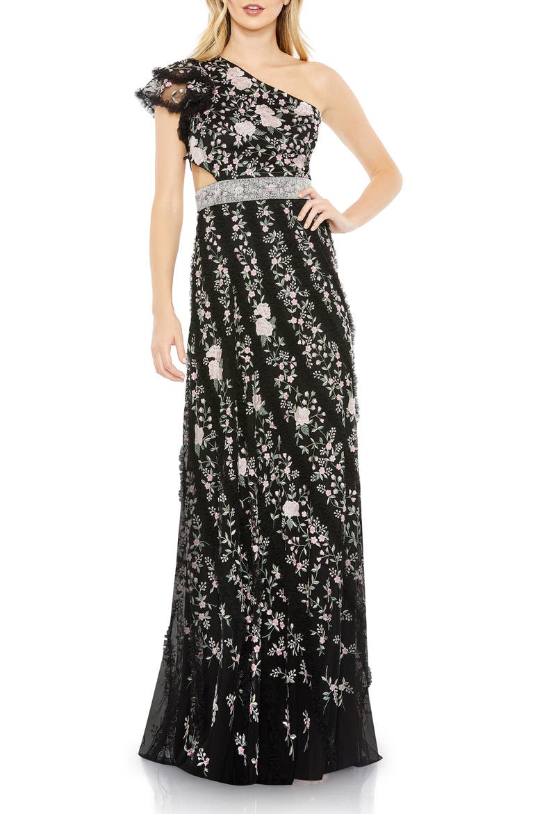 Floral Embroidered One-Shoulder Gown, Main, color, BLACK MULTI