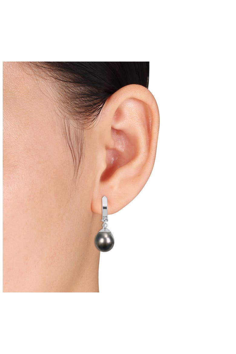 14K White Gold Cultured Black Tahitian Pearl Drop Huggie Hoop Earrings, Alternate, color, BLACK