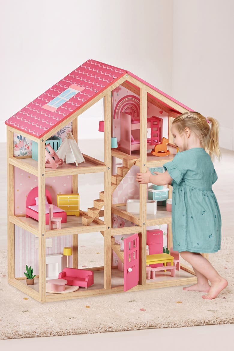 6 Room Wooden Dollhouse Set with Furniture for Kids, Main, color, Multicolor