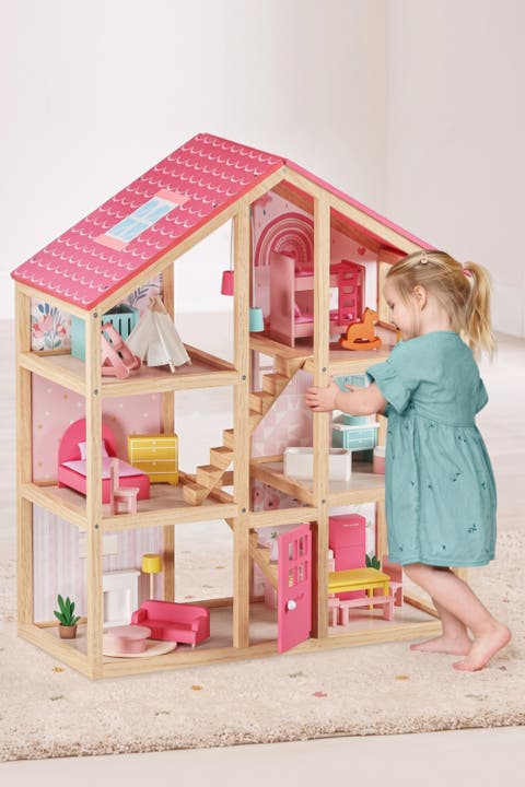 6 Room Wooden Dollhouse Set with Furniture for Kids